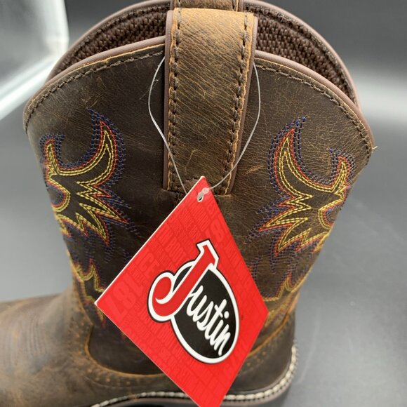 Justin Western Boots Kids Brown Leather Size 3D Rugged Tan Buffalo SK4681 - Picture 11 of 12